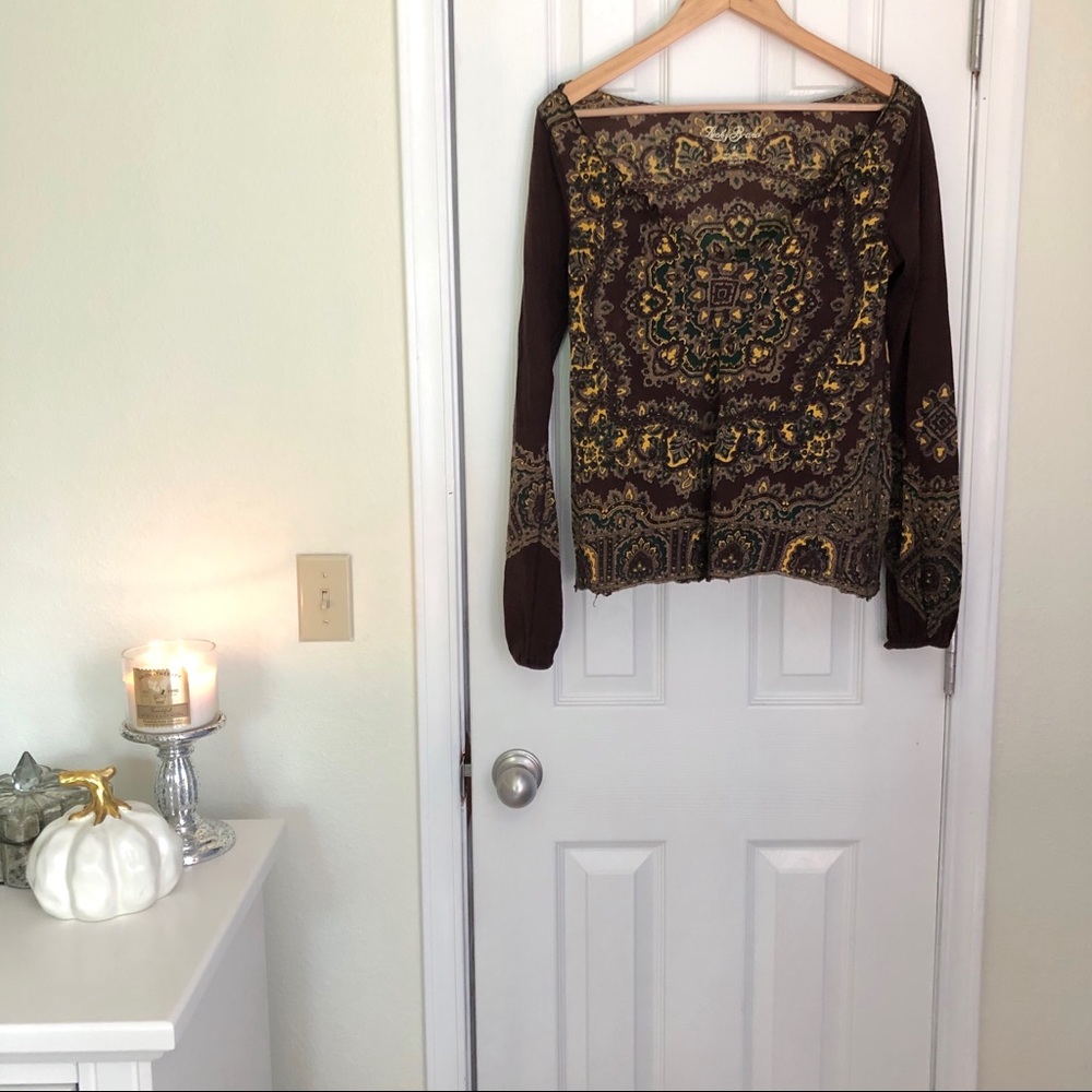 Printed brown, gold, green peasant / boho top